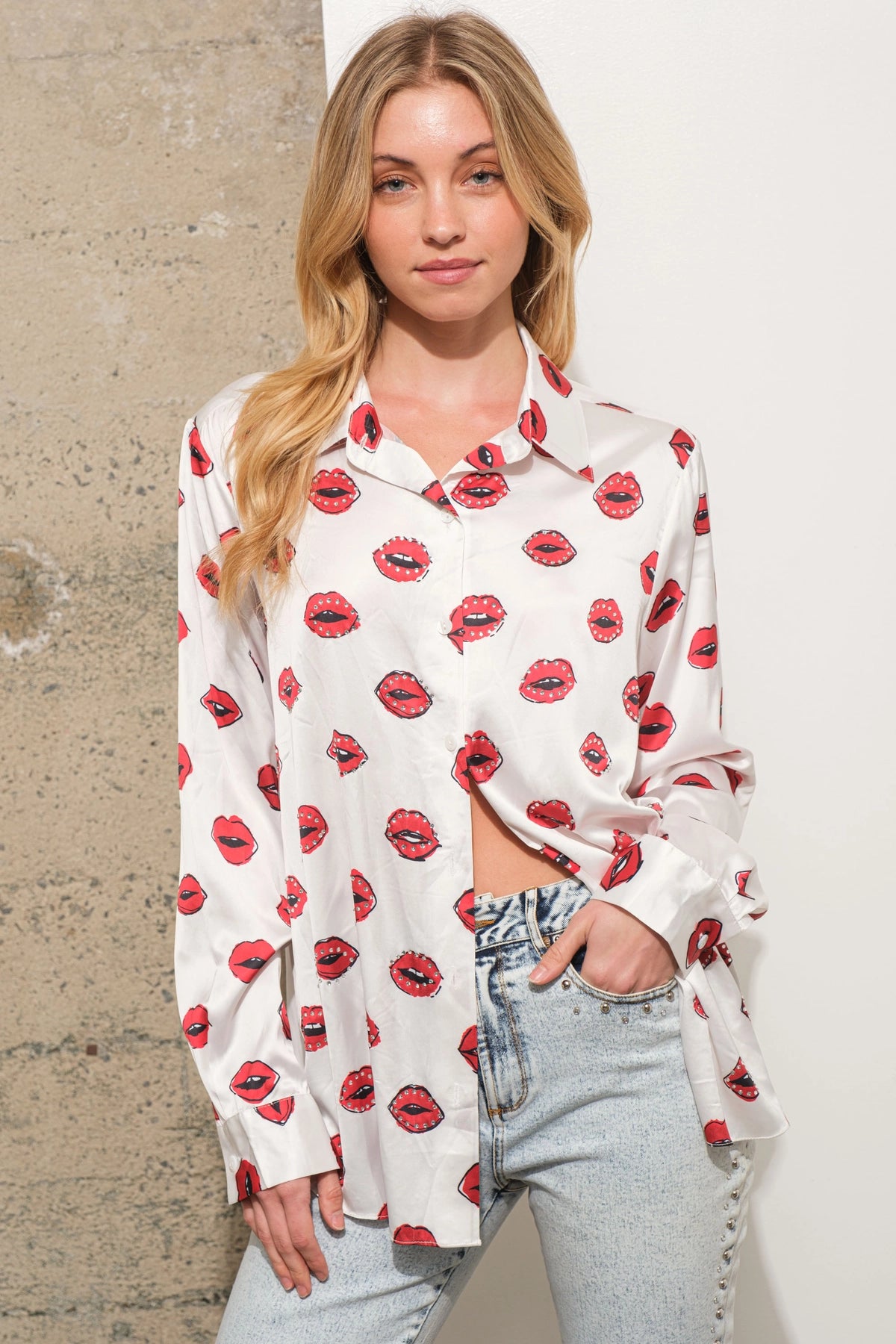 Alaina Satin Lips Print Shirt