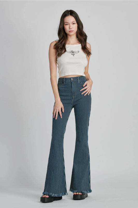 Deena Dark Striped Super Flared Jeans